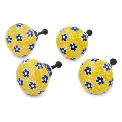 Polmedia Polish Pottery Set of 4 Drawer Pull Knobs 1-1/2 inch - Sunburst Daisies Pattern Handmade in Boleslawiec Poland by Ceramika Artystyczna + Certificate of Authenticity