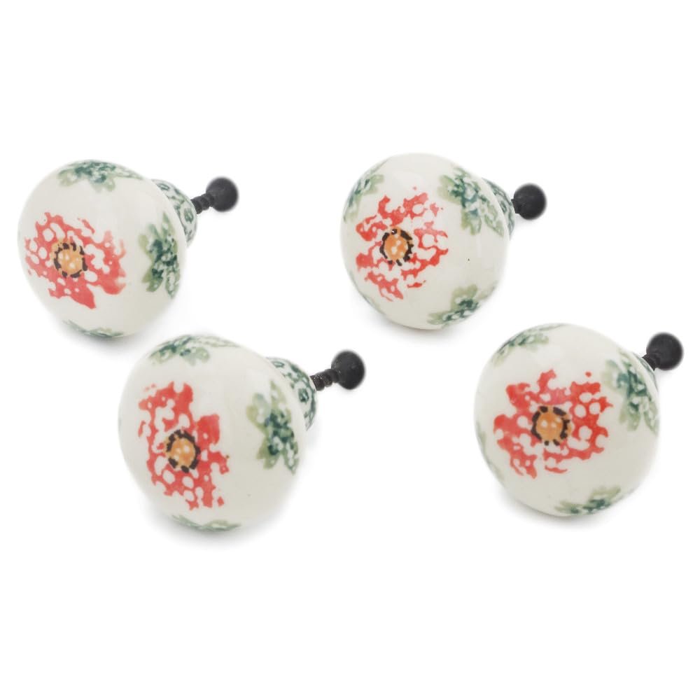 Polmedia Polish Pottery Set of 4 Drawer Pull Knobs 1-1/2 inch - Sponge Garland Pattern Handmade in Boleslawiec Poland by Ceramika Artystyczna + Certificate of Authenticity