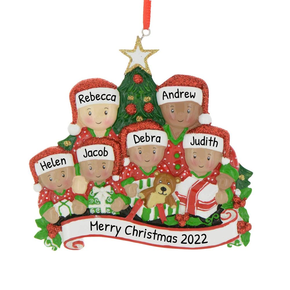 3D African American Family of 6 Christmas Ornament 2025 Personalized Family Christmas Ornaments 2025 | Black Xmas Presents Holiday Keepsake Personalized Tree Ornaments Gifts Opening of Six Ornament