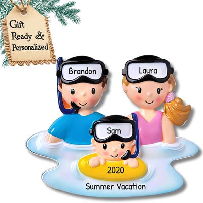 3D Snorkeling Family of 3 Christmas Ornament 2025 Personalized Family Christmas Ornaments 2025 | Beach Lovers Personalized Tree Ornaments Customizable Gifts Summer Vacation Swimming of Three Ornament