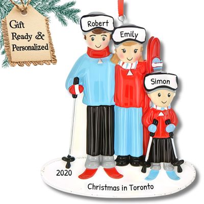 3D Skiing Family of 3 Christmas Ornament 2025 Personalized Family Christmas Ornaments 2025 | Snow Winter Sports Personalized Tree Ornaments Customizable Gifts Skier Vacation of Three Ornament