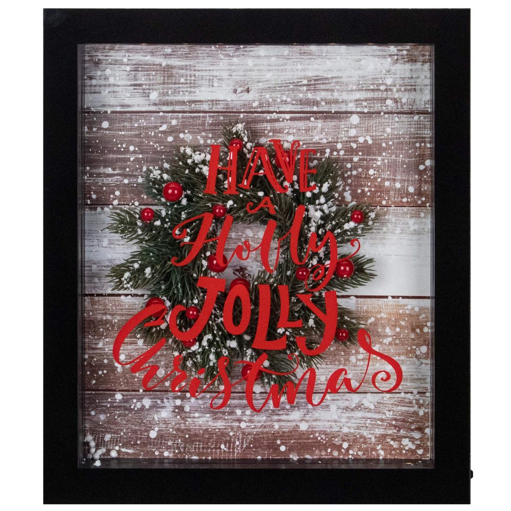 LED Lighted Framed Have A Holly Jolly Christmas Wreath Wall Art - 14" - Black