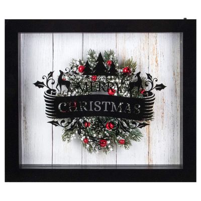 LED Lighted Framed Wreath Merry Christmas Box Wall Art Decoration - 14" - Black