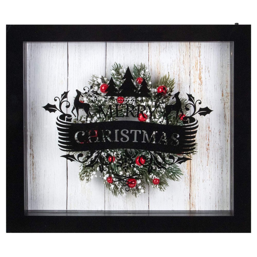 LED Lighted Framed Wreath Merry Christmas Box Wall Art Decoration - 14" - Black