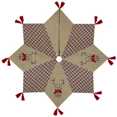 48" Red and Brown Burlap and Plaid Reindeer Christmas Tree Skirt with Tassels