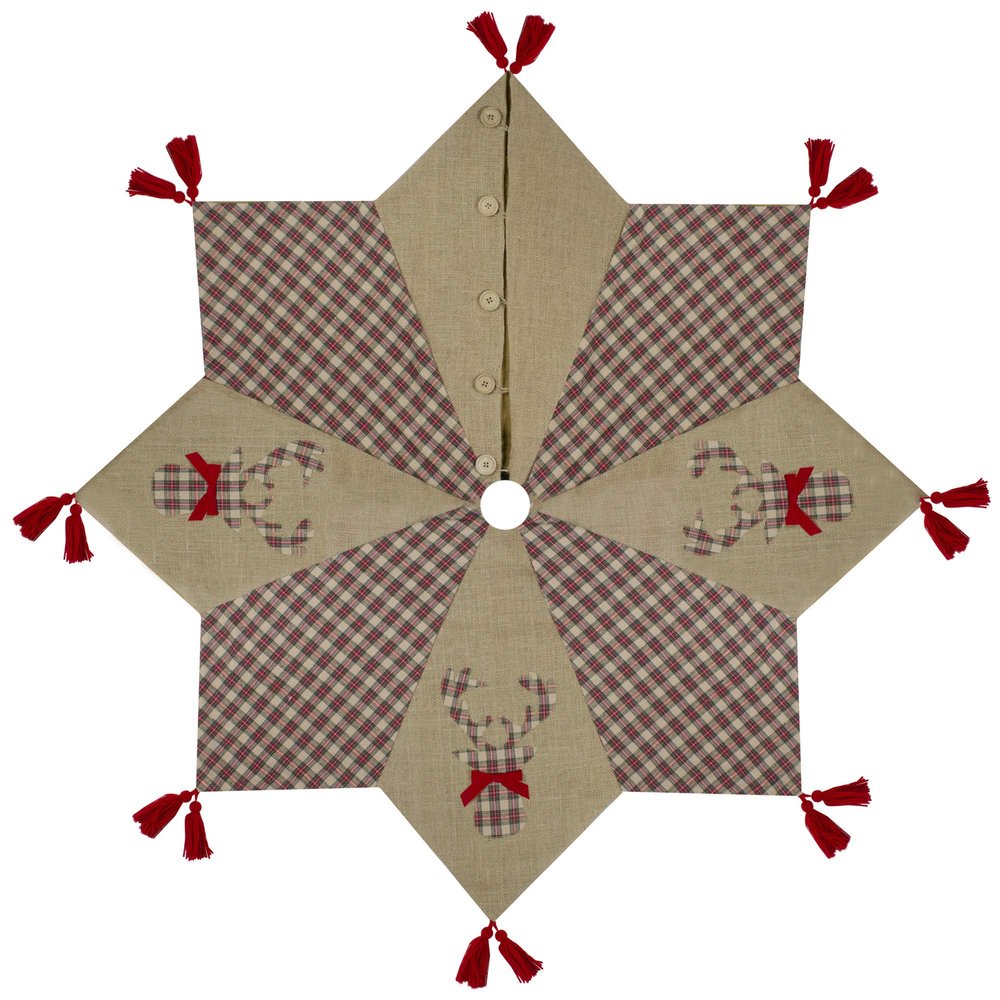48" Red and Brown Burlap and Plaid Reindeer Christmas Tree Skirt with Tassels