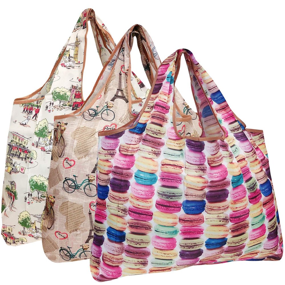 allydrew Large Foldable Tote Nylon Reusable Grocery Bags, 3 Pack, European Delights