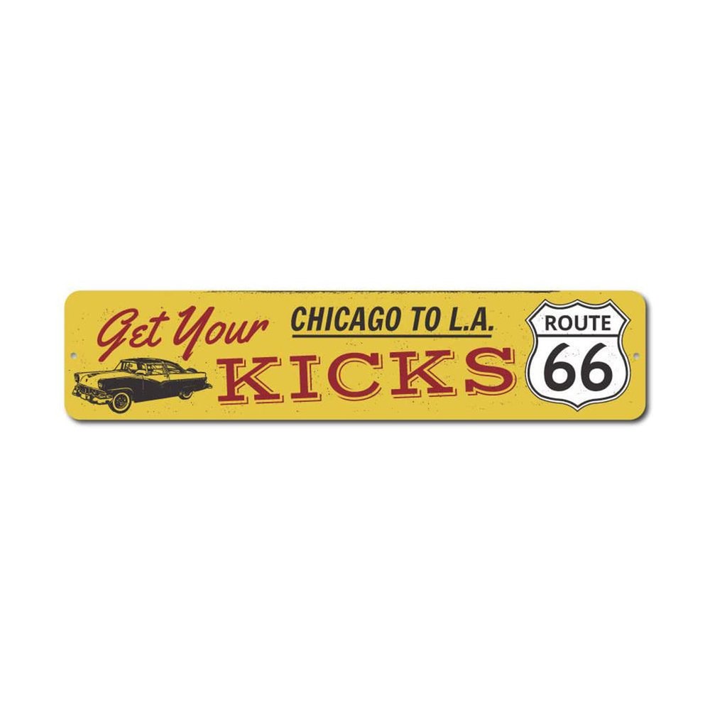 Aluminum Sign Get Your Kicks on Route 66 Chicago to Los Angeles Custom Themed for Road Trip Metal Wall Decor Travel Hanging Plaque with Pre-Drilled Holes 6x24 Inch