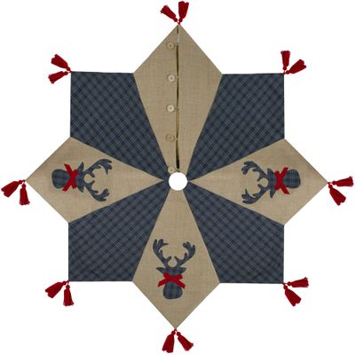 48" Blue and Brown Burlap and Plaid Reindeer Christmas Tree Skirt with Tassels