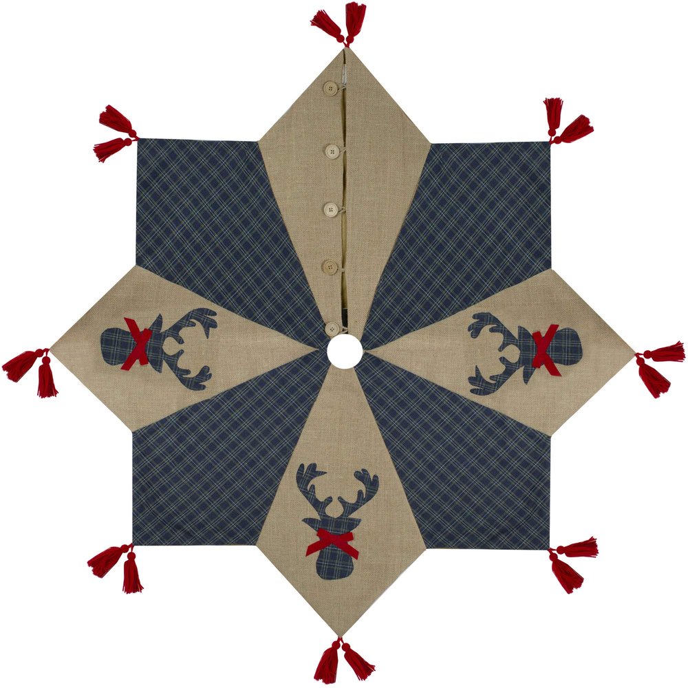 48" Blue and Brown Burlap and Plaid Reindeer Christmas Tree Skirt with Tassels