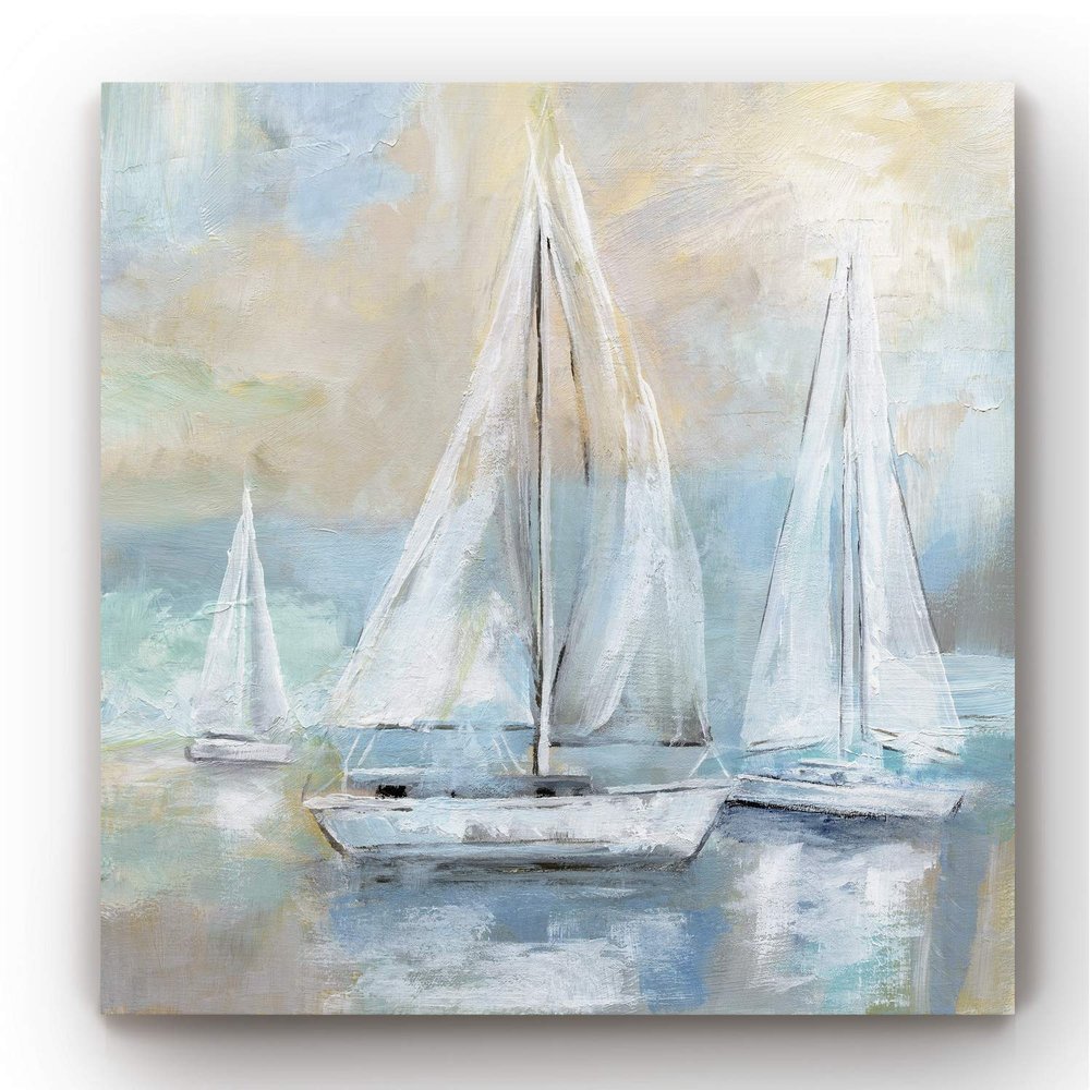 Renditions Gallery Canvas Wall Paintings Sail Away White Boats in Ocean Modern Abstract Prints for Bedroom Home Kitchen Decor - 40"x40" LT34