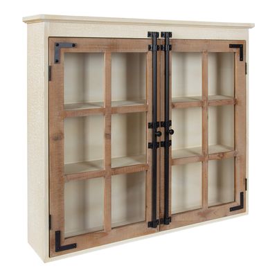Kate and Laurel Hutchins Decorative Farmhouse Wood Wall Cabinet, 30 x 6.5 x 27.5, White and Brown, Wall Cabinet with Window Pane Glass Door