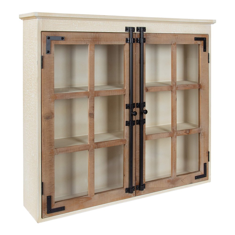 Kate and Laurel Hutchins Decorative Farmhouse Wood Wall Cabinet, 30 x 6.5 x 27.5, White and Brown, Wall Cabinet with Window Pane Glass Door