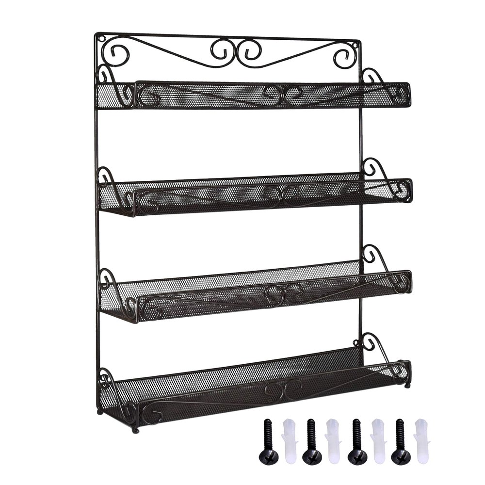 AMT Spice Rack, Wall Mount Organizer, Pantry Cabinet Door Shelf Storage, Kitchen seasoning Hanging Display for Spice Jars, Sauces, Herbs, Cosmetic Beauty Bottles (4 Tier- Style 9S)