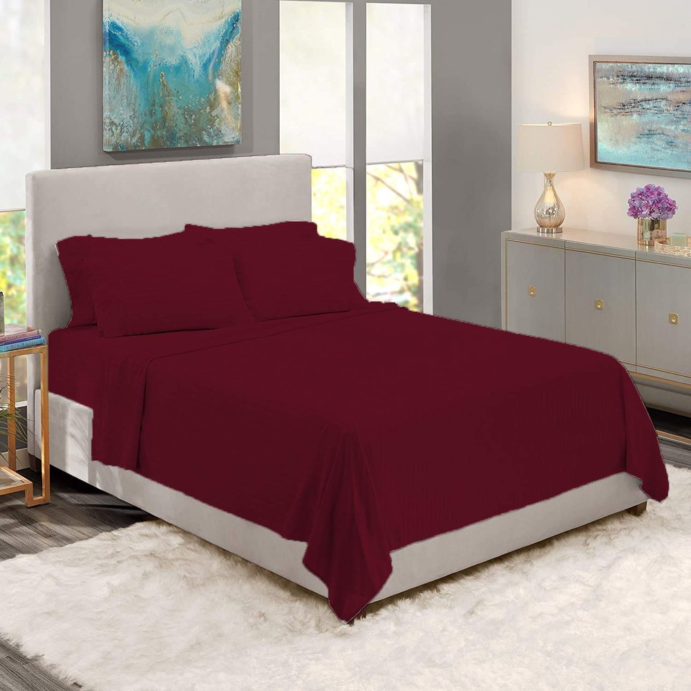 BedDecor 500 Thread Count Stripe 6 Piece Bed Sheet Set 100% Egyptian Cotton with 26 Inch Extra Deep Pocket Premium Super Soft Hotel Quality Bedding(King,Wine)