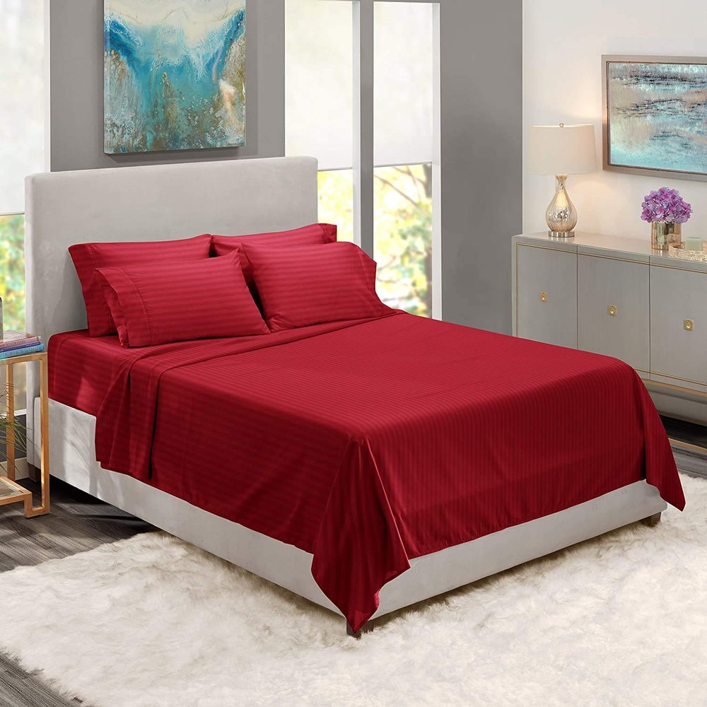 BedDecor 500 Thread Count Stripe 6 Piece Bed Sheet Set 100% Egyptian Cotton with 24 Inch Extra Deep Pocket Premium Super Soft Hotel Quality Bedding(Burgundy,King)