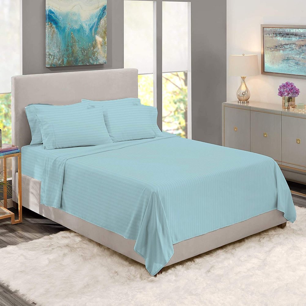 BedDecor 500 Thread Count Stripe 6 Piece Bed Sheet Set 100% Egyptian Cotton with 24 Inch Extra Deep Pocket Premium Super Soft Hotel Quality Bedding(LightBlue,King)