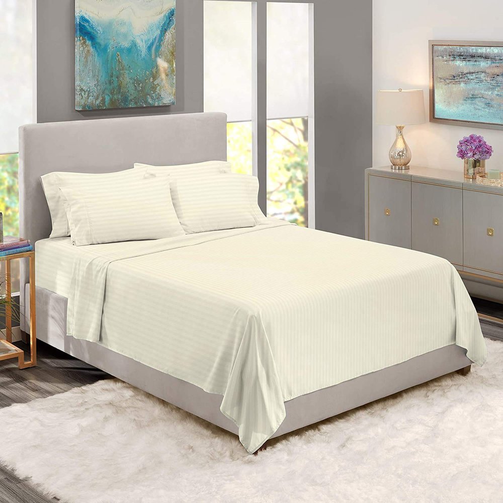 BedDecor 500 Thread Count Stripe 6 Piece Bed Sheet Set 100% Egyptian Cotton with 21 Inch Extra Deep Pocket Premium Super Soft Hotel Quality Bedding(Ivory,California King)