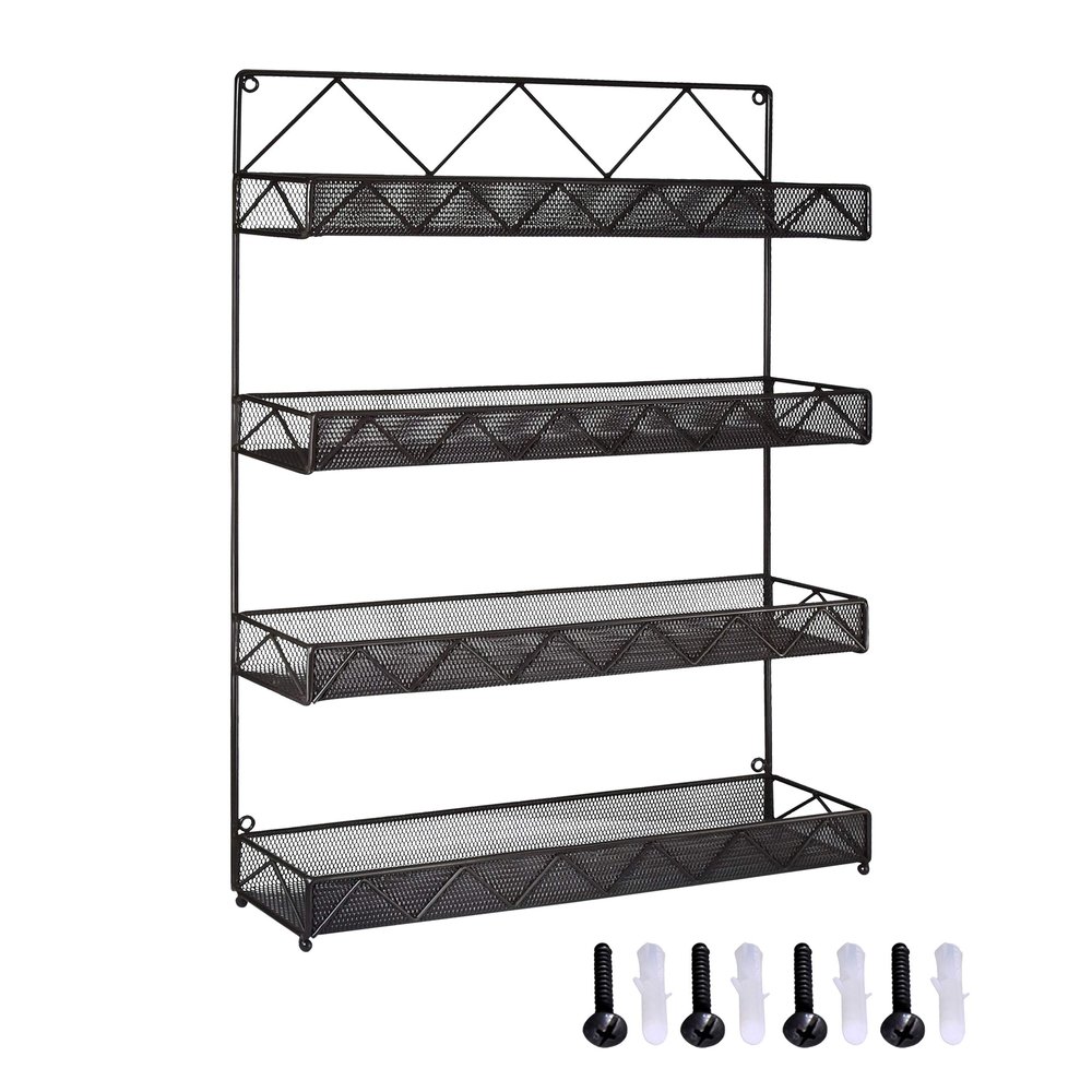 AMT Spice Rack, Wall Mount Organizer, Pantry Cabinet Door Shelf Storage, Kitchen seasoning Hanging Display for Spice Jars, Sauces, Herbs, Cosmetic Beauty Bottles (4 Tier- 9V)