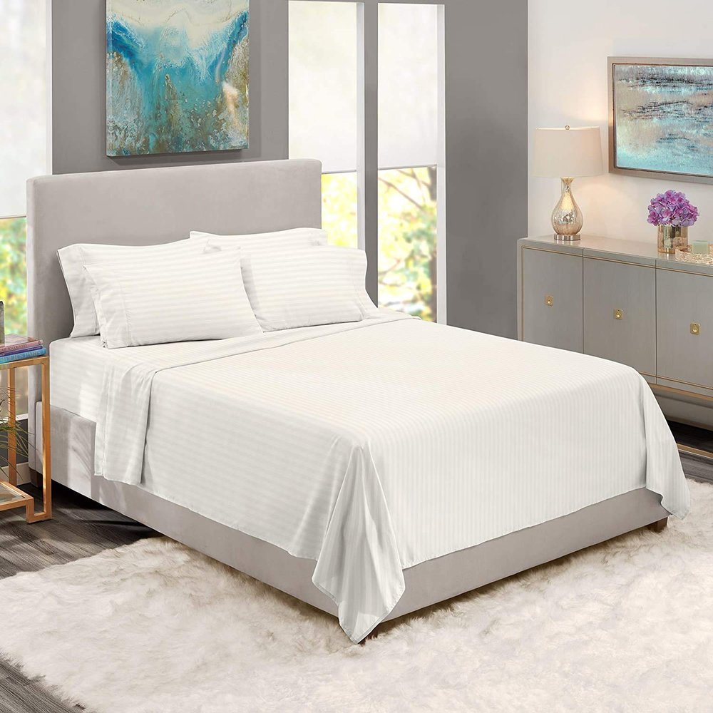 BedDecor 500 Thread Count Stripe 6 Piece Bed Sheet Set 100% Egyptian Cotton with 24 Inch Extra Deep Pocket Premium Super Soft Hotel Quality Bedding(White,California King)