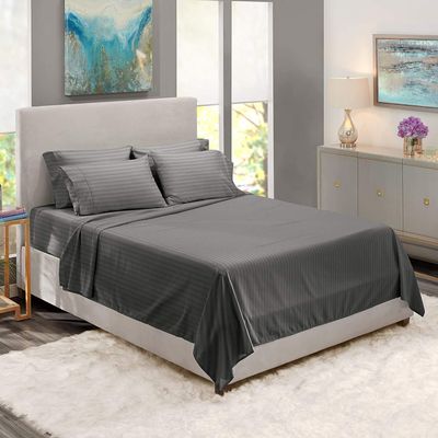 BedDecor 500 Thread Count Stripe 6 Piece Bed Sheet Set 100% Egyptian Cotton with 21 Inch Extra Deep Pocket Premium Super Soft Hotel Quality Bedding(Darkgrey,King)