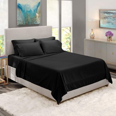 BedDecor 500 Thread Count Stripe 6 Piece Bed Sheet Set 100% Egyptian Cotton with 21 Inch Extra Deep Pocket Premium Super Soft Hotel Quality Bedding(Black,Queen)