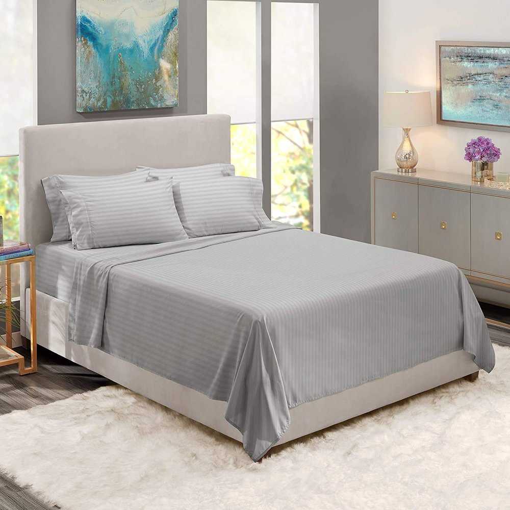BedDecor 500 Thread Count Stripe 6 Piece Bed Sheet Set 100% Egyptian Cotton with 24 Inch Extra Deep Pocket Premium Super Soft Hotel Quality Bedding(Silver,Full)