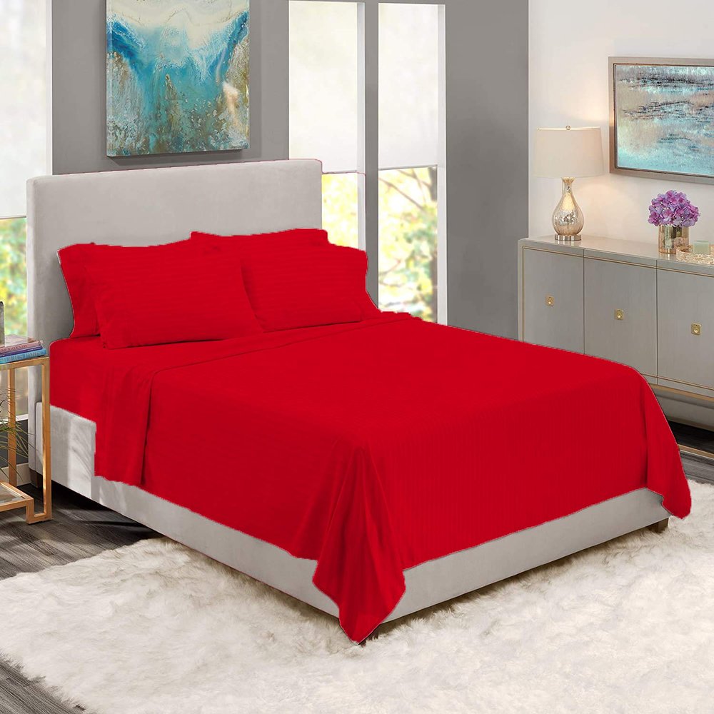 BedDecor 500 Thread Count Stripe 6 Piece Bed Sheet Set 100% Egyptian Cotton with 26 Inch Extra Deep Pocket Premium Super Soft Hotel Quality Bedding(King,Blood Red)