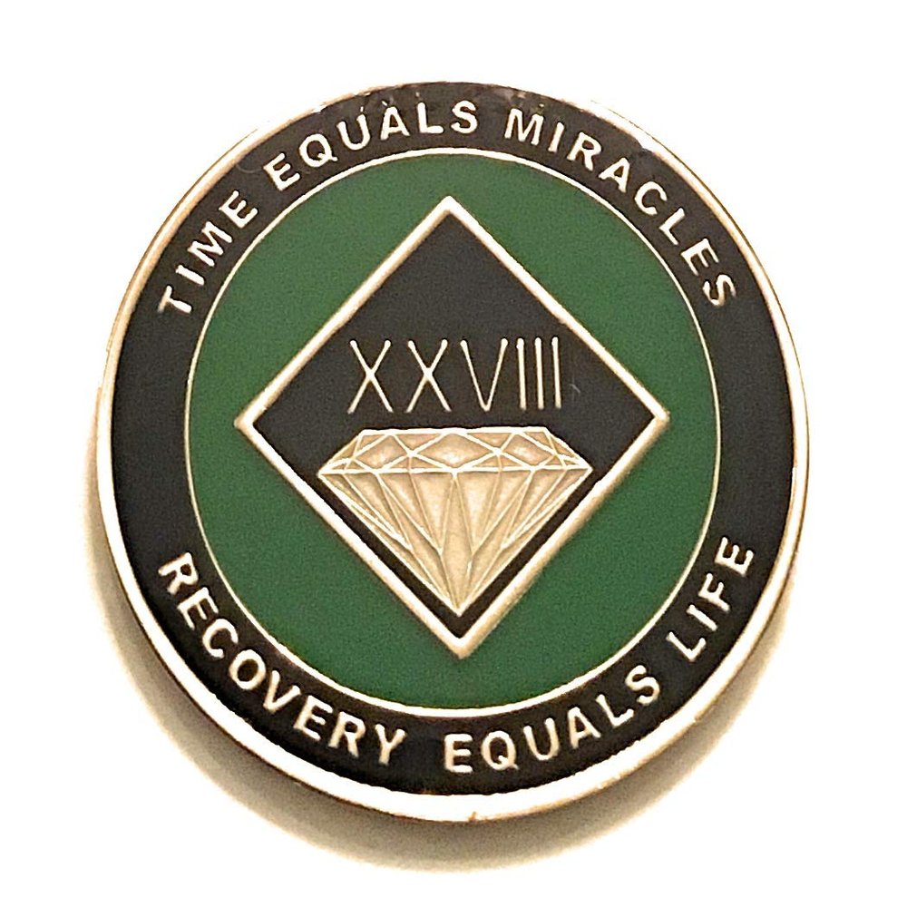 28 Year NA Black and Green Diamond Style Recovery, Clean, Medallion - Chip, Coin, Token