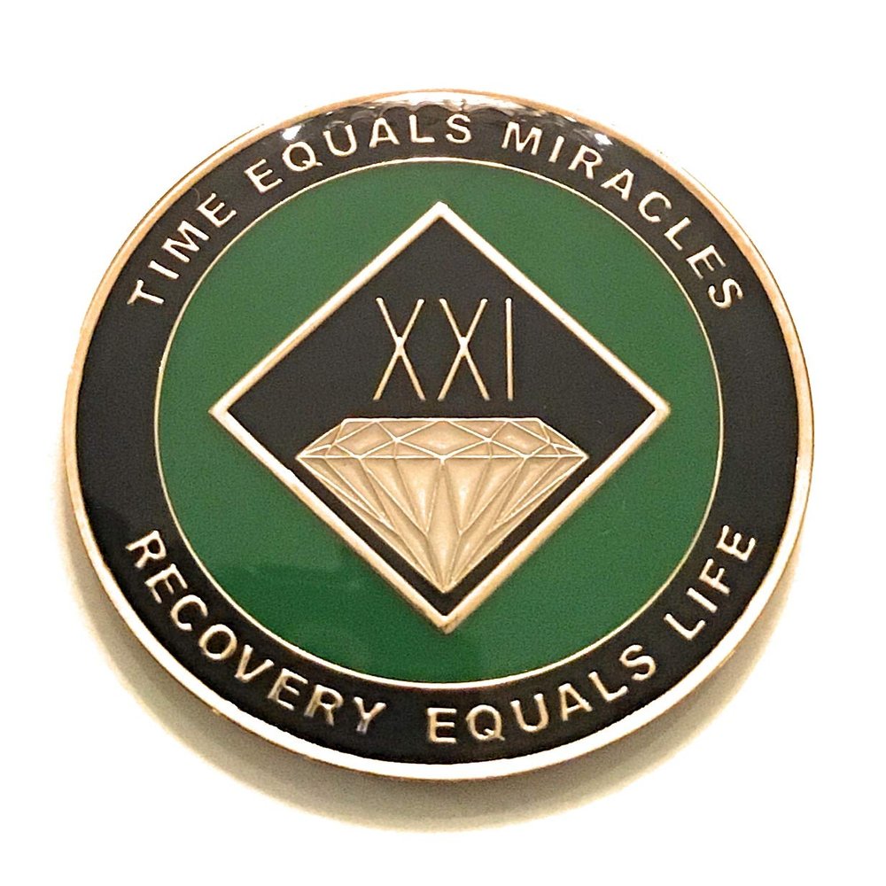 21 Year NA Black and Green Diamond Style Recovery, Clean, Medallion - Chip, Coin, Token