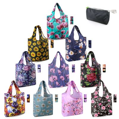 BeeGreen 10 Pack Washable Floral Grocery Bags for Shopping Reusable Tote Bags Extra Large 50LBS Cute Flower Design Foldable Reusable Bags for Women Men Lightweight Durable