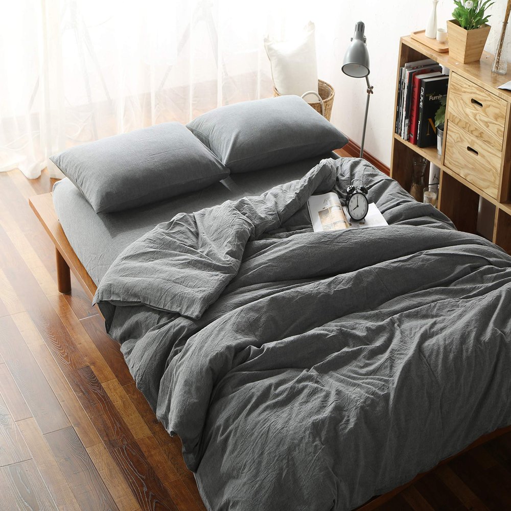 F.Y.Dreams 100% Washed Cotton Duvet Cover for Weighted Blanket 80x87 inches with 16 Ties, Zipper on Long Side/Grey/Just Duvet Cover