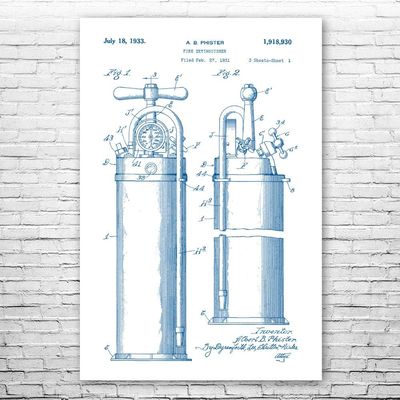 Fire Extinguisher 1933 Poster Print, First Responder, Volunteer Fireman, Firefighter Gift, Firehouse Decor, Fireman Gift Blue & White (24 inch x 36 inch)
