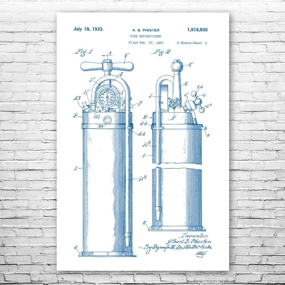 Fire Extinguisher 1933 Poster Print, First Responder, Volunteer Fireman, Firefighter Gift, Firehouse Decor, Fireman Gift Blue & White (24 inch x 36 inch)