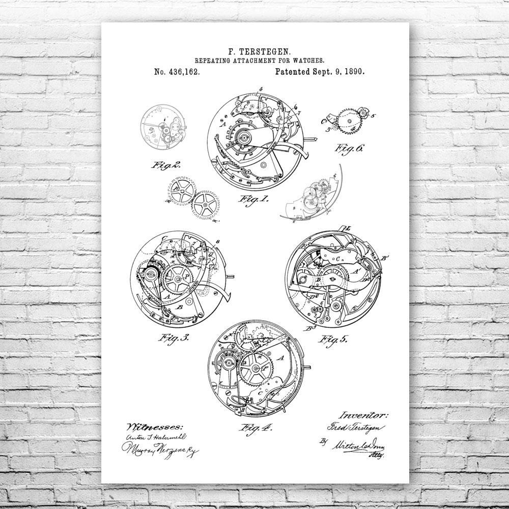 Watch Repeating Mechanism Poster Print, Watchmaker Gift, Jewelry Store Art, Watch Blueprint, Clock Shop Art, Retro Watch Black & White (12 inch x 16 inch)