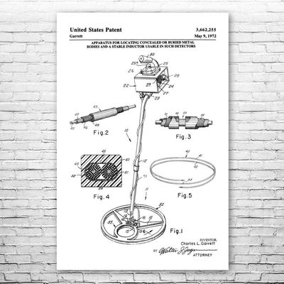 Metal Detector Poster Print, Treasure Hunter, Prospecting Gifts, Surveyor Gift, Surveying Wall Art, Civil Engineering Black & White (12 inch x 16 inch)