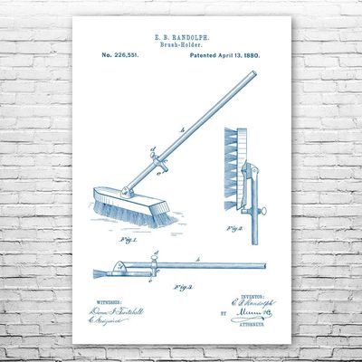 Push Broom Poster Print, Broom Closet Art, Grounds Keeper, Custodian Gifts, Laundry Room Art, School Janitor Blue & White (24 inch x 36 inch)
