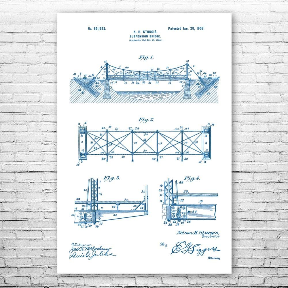 Suspension Bridge Poster Print, Structural Engineer, Architect Gift, Bridge Blueprint, Office Wall Art, Engineering Gift Blue & White (24 inch x 36 inch)