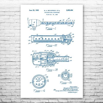 Unidirectional Microphone Poster Print, Audio Engineer Gift, Microphone Art, Podcast Host Gift, Recording Studio Art Blue & White (24 inch x 36 inch)