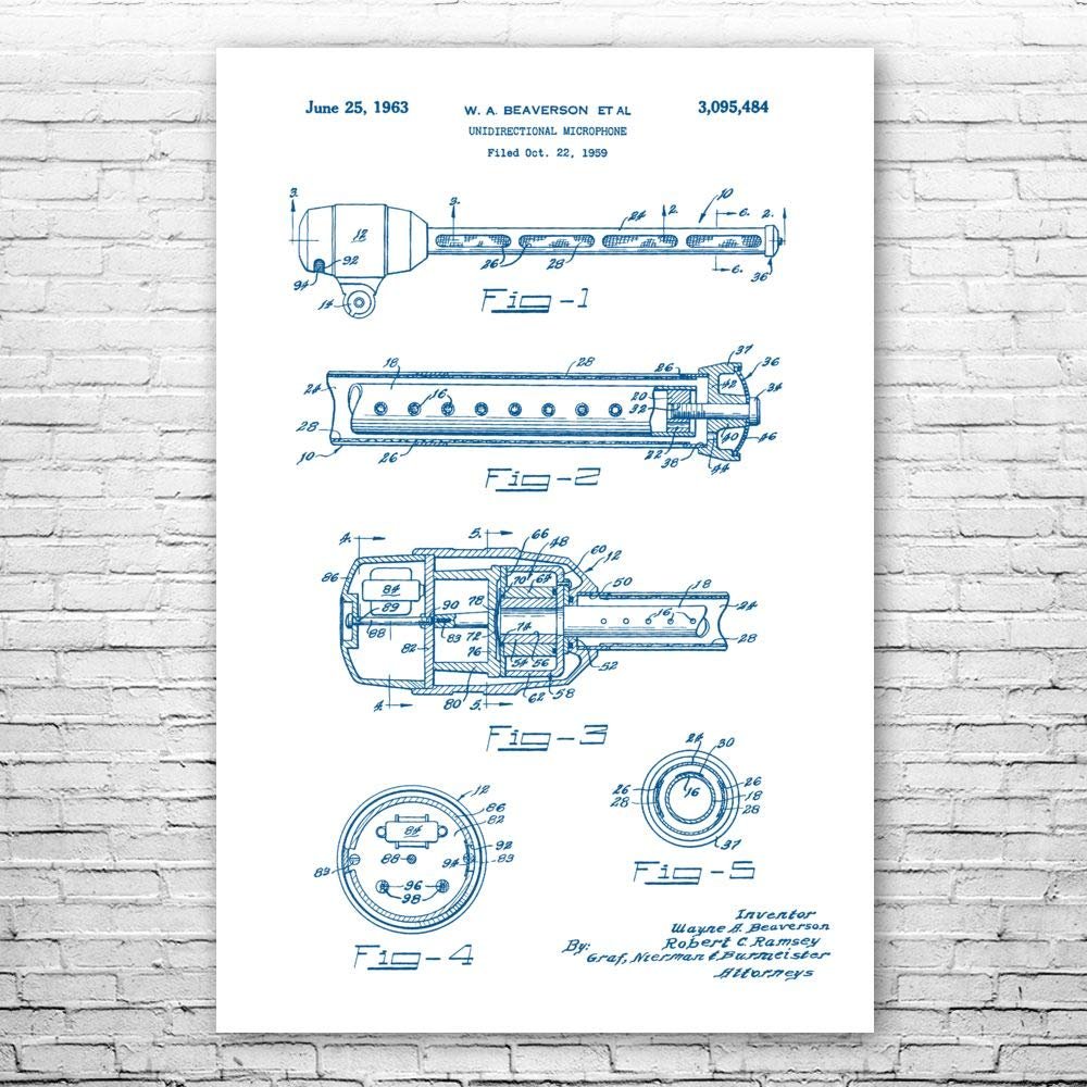 Unidirectional Microphone Poster Print, Audio Engineer Gift, Microphone Art, Podcast Host Gift, Recording Studio Art Blue & White (24 inch x 36 inch)