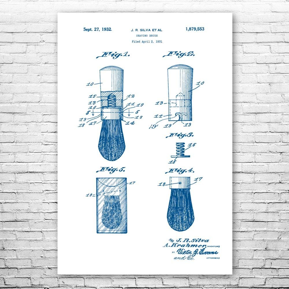 Shaving Brush Poster Print, Barber Shop Art, Barber Gift, Bathroom Decor, Stylist Gift, Salon Wall Art, Shaving Gift Blue & White (24 inch x 36 inch)