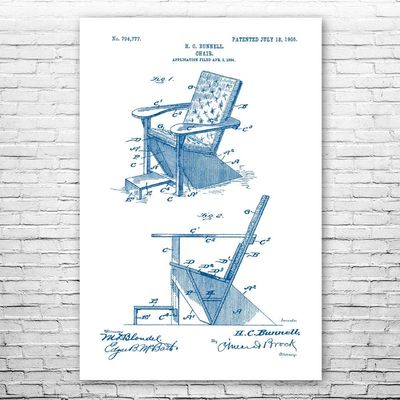 Adirondack Chair Poster Print, Furniture Maker, Carpenter Gift, Wood Working, Shop Class Teacher, Handyman Gift Blue & White (24 inch x 36 inch)