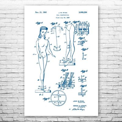 Doll Construction Poster Print, Toy Lover Gift, Toy Store Art, Play Room Art, Doll Collector Gift, Fashion Doll Art Blue & White (24 inch x 36 inch)