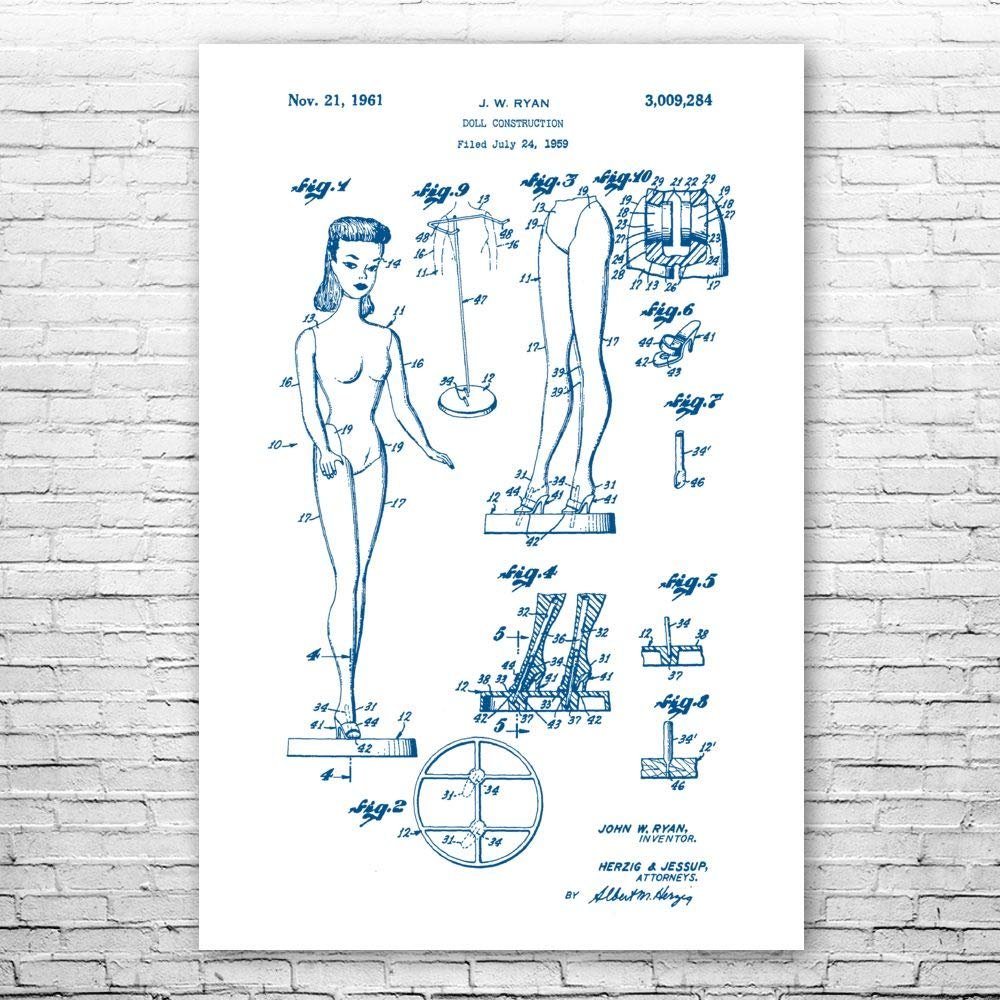 Doll Construction Poster Print, Toy Lover Gift, Toy Store Art, Play Room Art, Doll Collector Gift, Fashion Doll Art Blue & White (24 inch x 36 inch)