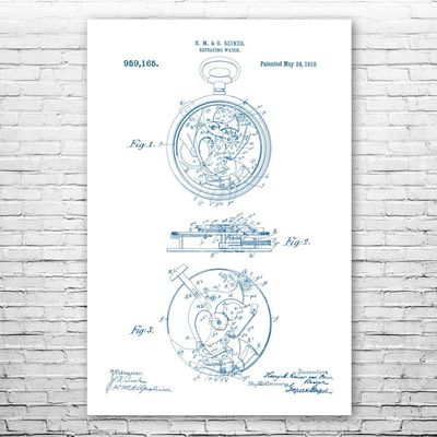 Mechanical Pocket Watch Poster Print, Watch Blueprint, Watchmaker Gift, Jewelry Store Art, Clockwork Art, Watch Wall Art Blue & White (24 inch x 36 inch)
