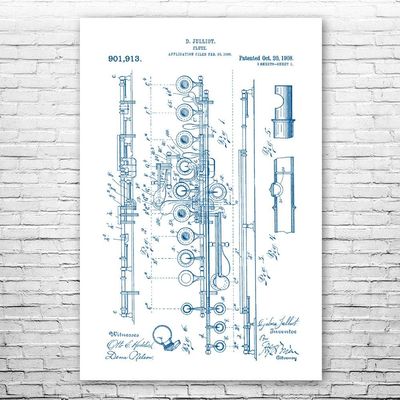 Flute Poster Print, Music Class Decor, Flutist Gift, Classical Music Art, Music Teacher Gift, Symphony Art, Flute Decor Blue & White (24 inch x 36 inch)
