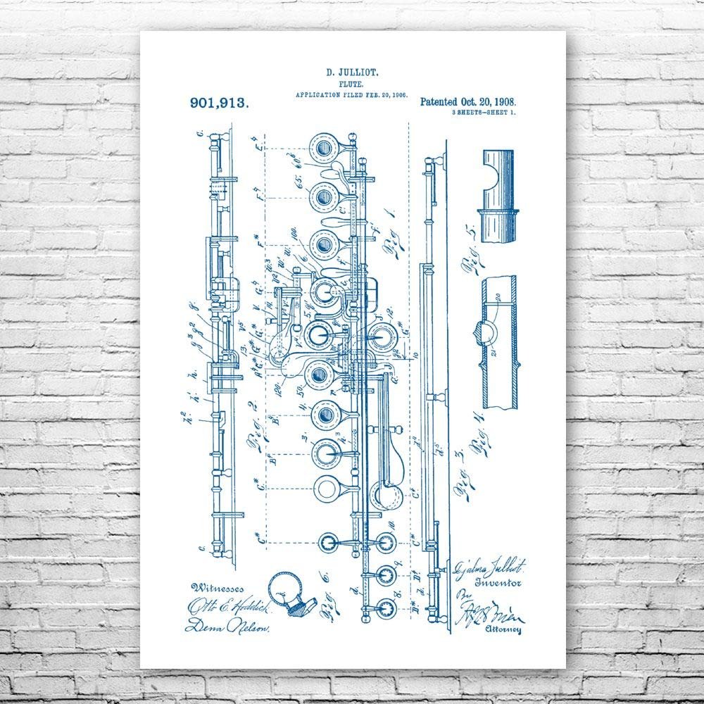 Flute Poster Print, Music Class Decor, Flutist Gift, Classical Music Art, Music Teacher Gift, Symphony Art, Flute Decor Blue & White (24 inch x 36 inch)