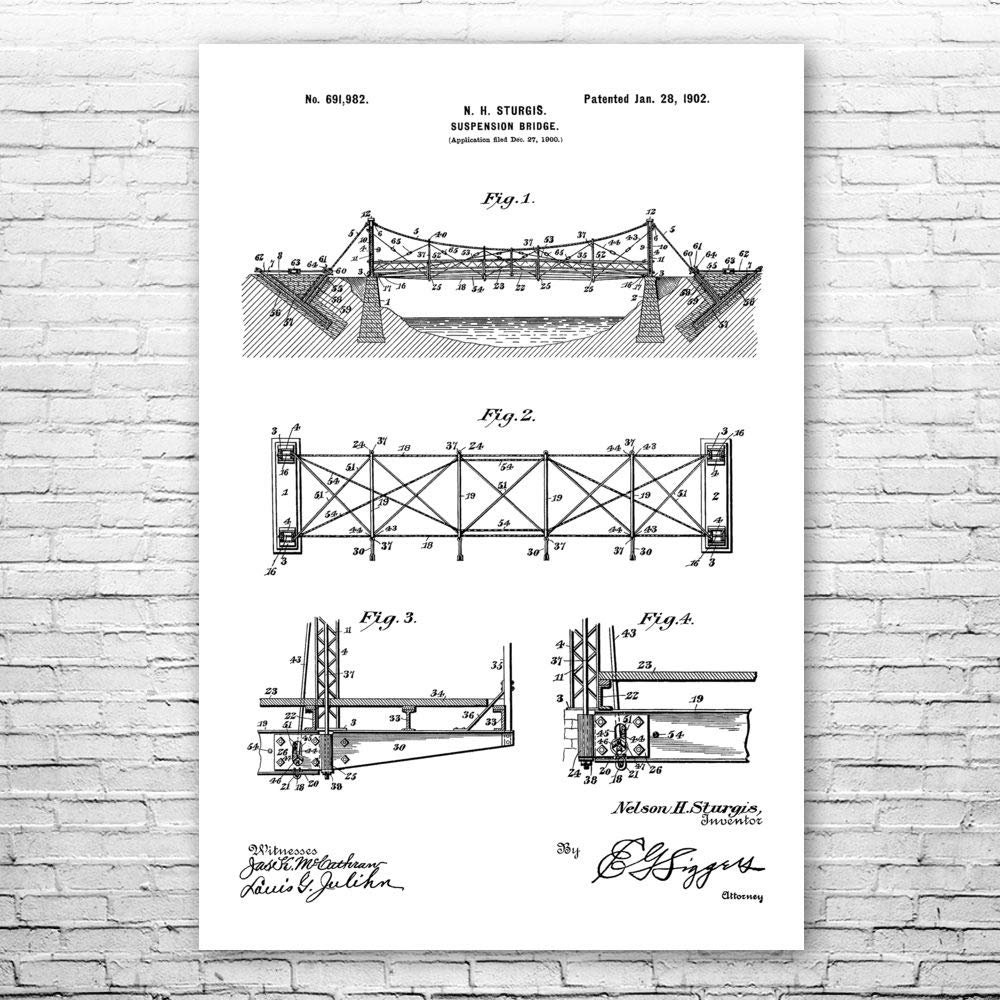 Suspension Bridge Poster Print, Structural Engineer, Architect Gift, Bridge Blueprint, Office Wall Art, Engineering Gift Black & White (8 inch x 10 inch)