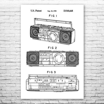 Boombox Tape Player Poster Print, Boombox Art, Radio Dj Gift, Music Art, Hip Hop Gift, Stereo Wall Art, Music Studio Art Black & White (24 inch x 36 inch)