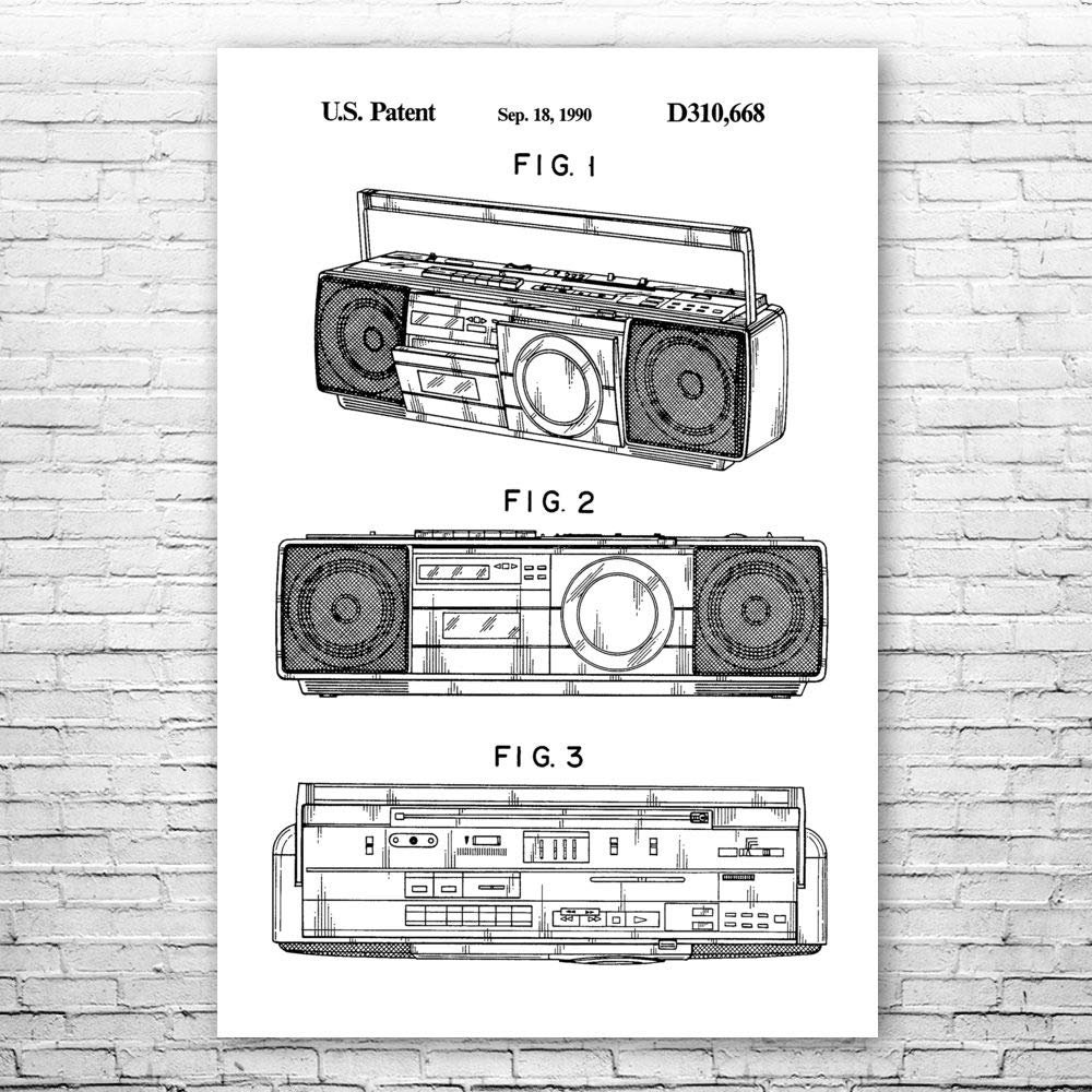 Boombox Tape Player Poster Print, Boombox Art, Radio Dj Gift, Music Art, Hip Hop Gift, Stereo Wall Art, Music Studio Art Black & White (24 inch x 36 inch)